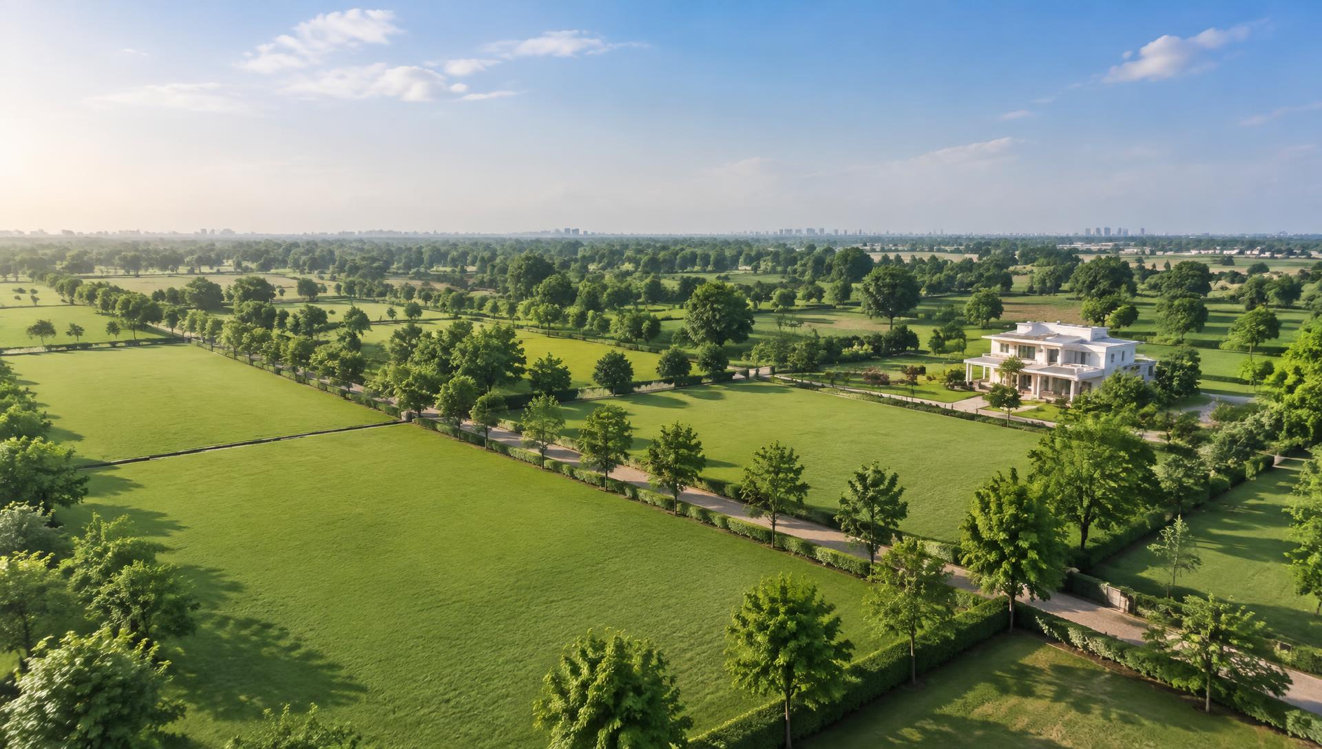 Illustrative green farmland estate with tree-lined plots and a farmhouse